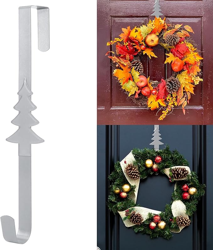 Wreath Hangers for Front Door,15" Sturdy Metal Wreath Doors Hangers,Over The Door Hooks for Front Porch Decor,Garland Hooks Holders for Halloween Christmas Decorations (Silver Christmas Tree, 1 Pack)