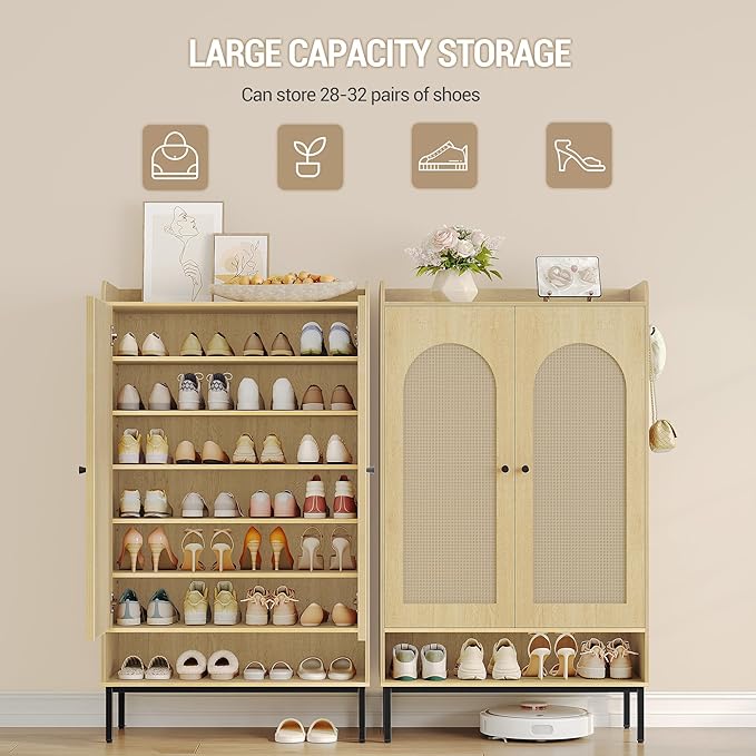Shoe Cabinet with Doors, 7-Tier Shoe Storage Cabinet with Adjustable Shelves, Wooden Shoes Organizer Cabinets with Top Storage Layer, 28-32 Pairs, for Entryway, Hallway, Rattan SR68702Y