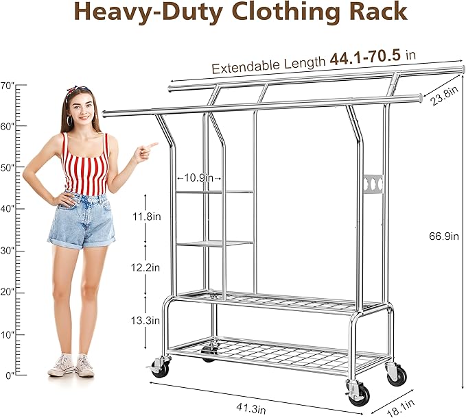 Clothes Rack With Storage Shelf, Heavy Duty Rolling Clothing Rack for Hanging Clothes, Double Rod Metal Garment Rack Load 630 LBS, Portable Wardrobe Racks with Wheels for Bedroom, Laundry Room