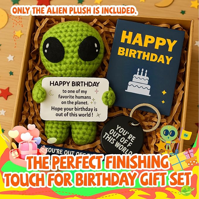 MAMAGIFTREE Birthday Gifts for Man Woman - Handmade Crochet Alien with Inspirational Funny Birthday Card - Small Bday Stuff for Friends, Teens, Coworkers