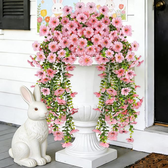 Artificial Hanging Flowers for Outdoors, UV Resistant 2PCS Fake Silk Flowers for Outside, Realistic Faux Plants for Hanging Baskets, Planters - Porch, Patio, Yard Décor (Pink)