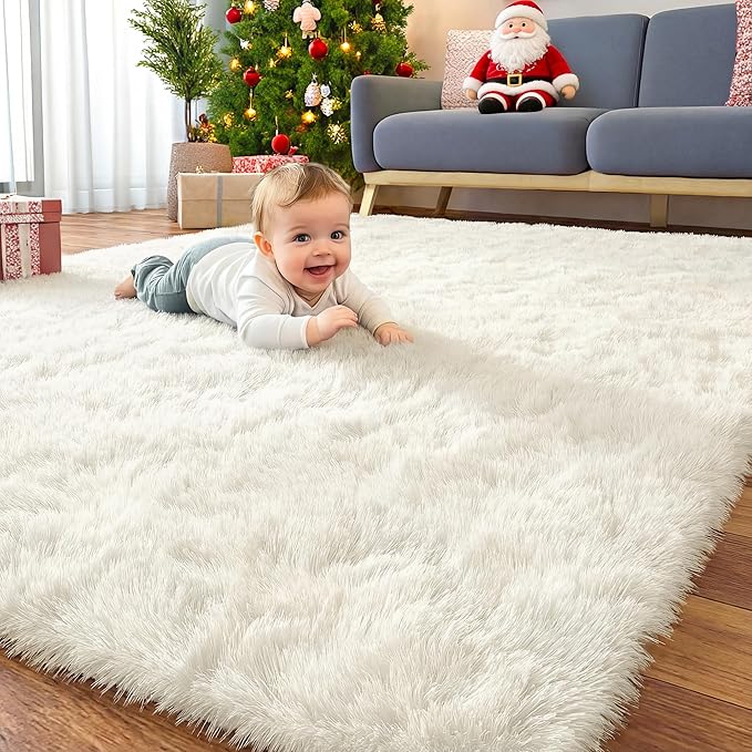 OLANLY 6x7 Area Rugs for Living Room Bedroom, Machine Washable Soft Fluffy Shaggy Bedside Rug, Indoor Floor Carpet for Kids Girls and Boys, Dorms, Nursery Rooms, Home Decor Aesthetic, Ivory