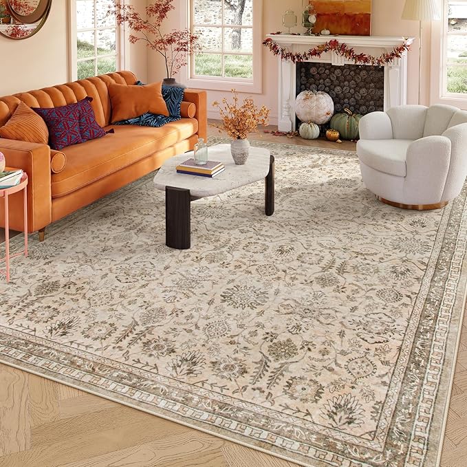 Lahome Boho Beige Fall Area Rug 8x10, Traditional Tan Floral Area Rugs for Bedroom, Machine Washable Living Room Mats, Soft Non-Slip Room Carpet for Office Apartment Nursery Decor, Soft Amber