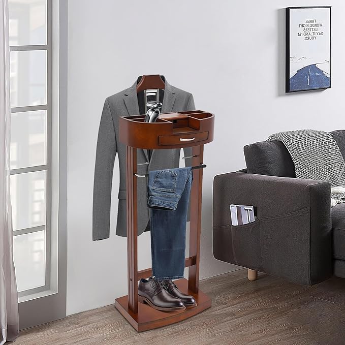 Valet Stand for Men, Wood Suit Valet Stand with Drawer for Women Wood Clothing valet stand with Top Tray, Contour Hanger, Trouser Bar and Shoe Rack Organizer