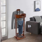 Wood Suit Rack, Freestanding Clothing Valet Stand with Top Tray, Drawer, Trouser Holder, Tie Holders, Coat Rack and Base, Suit Valet Stand for Living Room, Entryway, Bedroom
