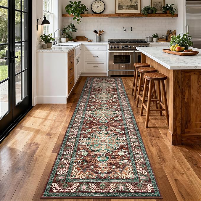 U'Artlines 3' x 12' Boho Hallway Runner Rug, Rust Non Slip Washable Vintage Farmhouse Accent Rug Carpet for Kitchen Entryway Laundry and Living Room (Rust＆Teal)