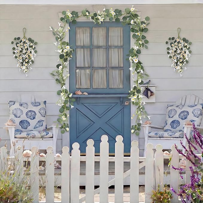 Pinkpum 20'' Eucalyptus Wreath 22'' Daisy Teardrop Swags Set 4 for Front Door Fireplace Hanging Porch Wall Home Window Kitchen Decor Farmhouse Garden Party Indoor Outdoor Summer Spring Fall