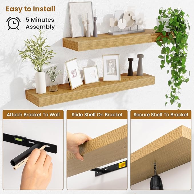 Fun Memories Floating Shelves 30 Inch, Wall Mounted Wood Shelf Set of 2, Farmhouse Decor for Bathroom, Bedroom, Kitchen, Living Room, Oak