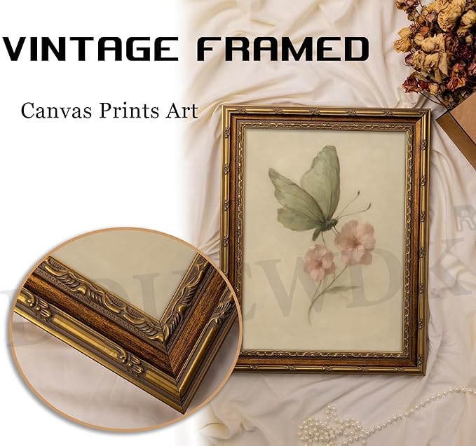 Vintage Gold Framed Wall Art, Retro Butterfly and Pink Flower Oil Painting Canvas Prints, Beige Insect Picture, Rustic Farmhouse Moth Cottagecore Poster Artwork for Living Room Bedroom Bathroom