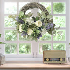 19in Artificial White Silk Rose Hydrangea Wreath with Blueberry, Lifelike Eucalyptus Leaves Rattan Garland Spring Summer Decorative Wreath for Wedding Arch Front Door House Wall Decor