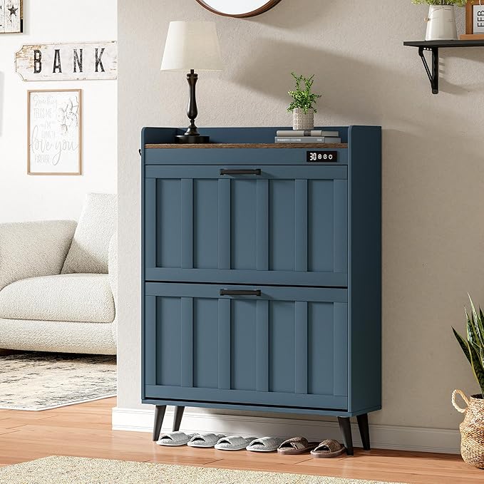ChooChoo Shoe Storage Cabinet with 2 Flip Drawers, Deodorizing Shoe Organizer Storage for Entryway, Freestanding Hidden Slim Narrow Shoe Rack Cabinet, Blue