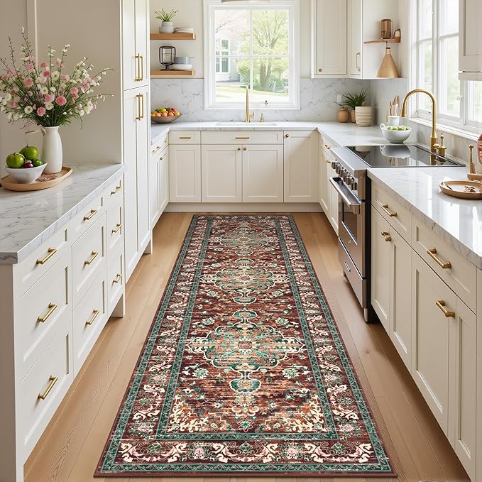 U'Artlines 3' x 10' Boho Hallway Runner Rug, Rust Non Slip Washable Vintage Farmhouse Accent Rug Carpet for Kitchen Entryway Laundry and Living Room (Rust＆Teal)