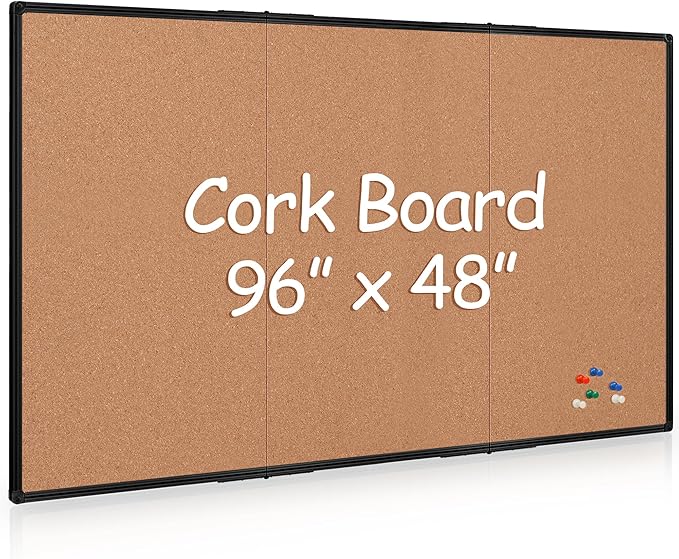 Extra Large Cork Bulletin Board 96" X 48", Foldable Notice Pin Board for Wall, Black Aluminum Framed 8'x4' Corkboard, Wall Mounted Noticeboard with 36 Push Pins for School, Home & Office