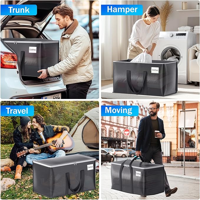 2 Pack Moving Bags Heavy Duty, Moving Boxes, Storage Bags with Zipper & Handles & Tag for College & Dorm Moving Supplies Grey Laundry Hamper Bag, Foldable Space-saving Totes (125L, Grey)