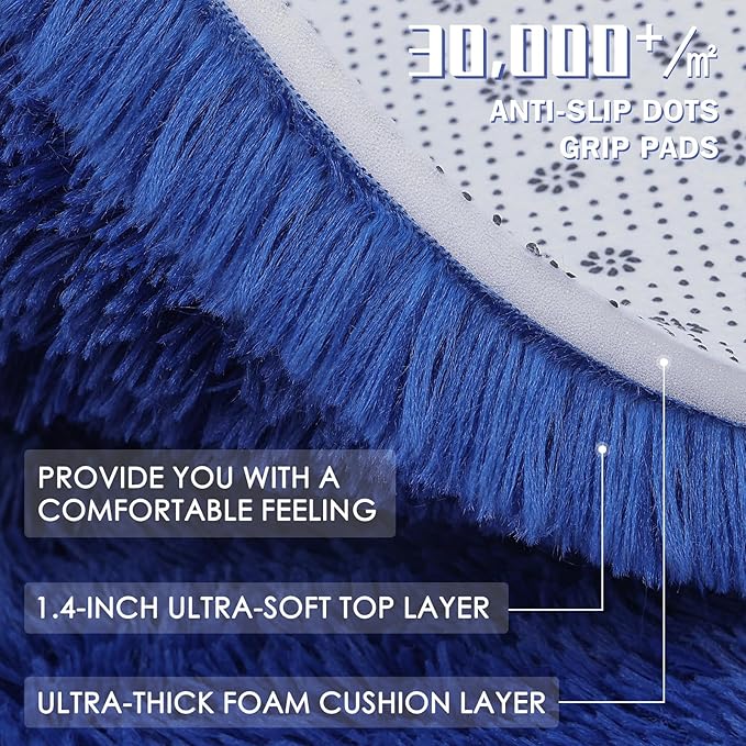 OLANLY 2x2 Machine Washable Small Rug, Soft Fluffy Shaggy Throw Rug for Bedroom, Entryway, Indoor Floor Carpet for Kids, Nursery, Home Decor, Navy Blue