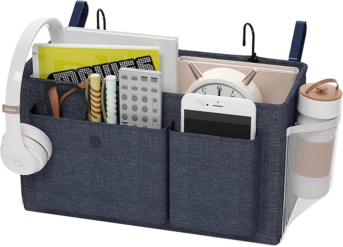 Edudif Bedside Caddy Bedside Organizer with Fixed Straps & Water Bottle Holder, Bunk Bed Caddy ideal for Home, Dorm, Hospital, Crib, Versatile Bedside Storage Solution