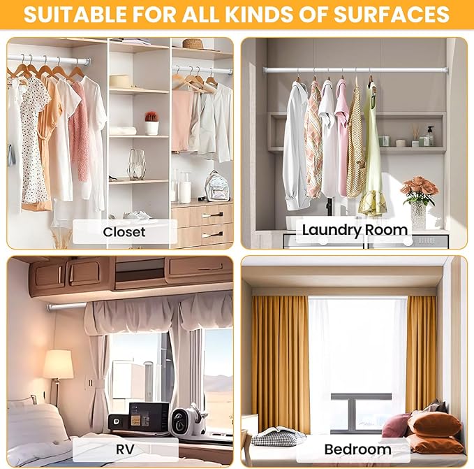 2 Pack Closet Rods for Hanging Clothes, 17-69 Inch No-Cut Stepless Adjustable Closet Rod, 1.3 Inch Heavy Duty Metal Closet Hanging Rod with Brackets, White Closet Bar for Closet, Laundry Room, RV