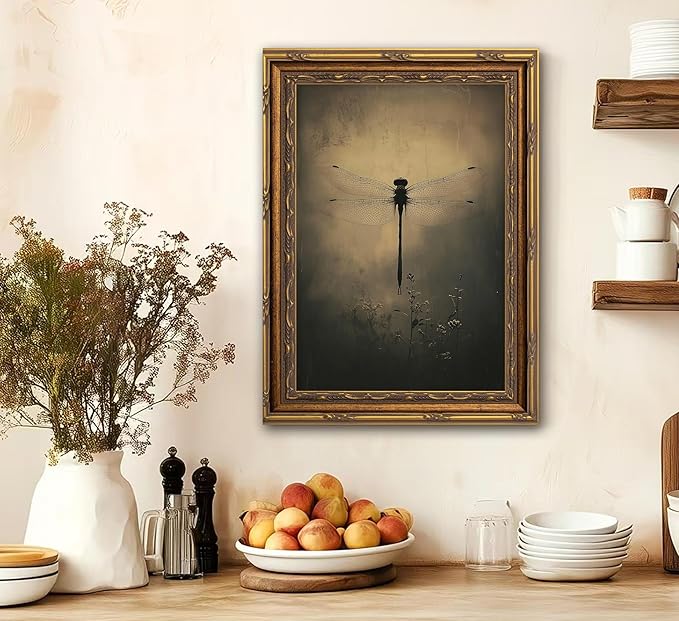 Vintage Gold Framed Wall Art Retro Dark Dragonfly Painting Canvas Prints Gothic Insect Picture Wall Decor Rustic Farmhouse Animal Poster Artwork for Living Room Bedroom Bathroom, 12x16in