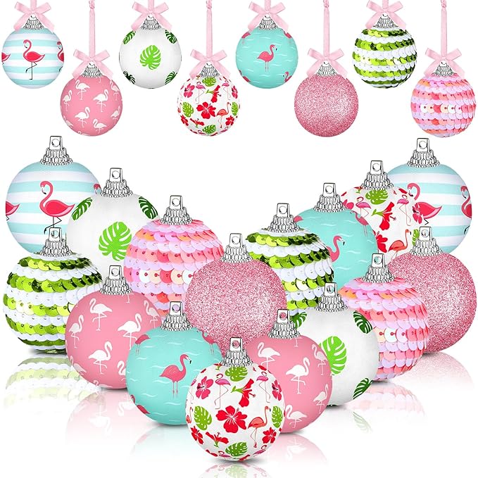 Zeyune 16 Pcs Summer Flamingos Tree Ornaments Summer Hanging Ornament Ball Tropical Palm Flamingo Hanging Home Decorations for Tree Tropical Party Holiday Decor