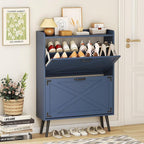 Shoe Cabinet with 2 Flip Drawers, Farmhouse Hidden Shoe Storage Cabinets, Narrow Wooden Shoes Organizer for Entryway, Slim Freestanding Shoe Rack Cabinet for Front Door Entrance, Blue