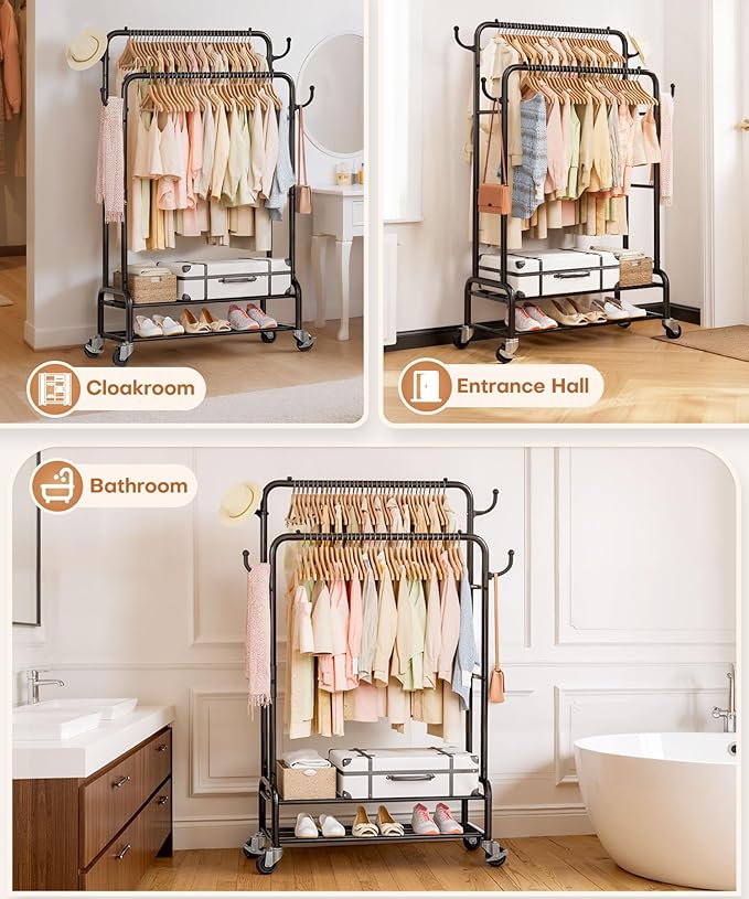 Homde Heavy Duty Clothes Rack: 265lb Rolling Double Rod Garment Hanging - Metal Coat Organizer Storage Display Shelf on Wheels for Bedroom Laundry
