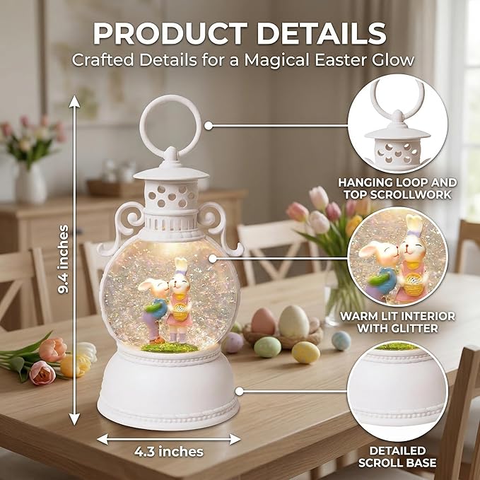 Easter Snow Globe Lantern, 9.4" Bunny Couple Lighted Snow Lantern with 6-Hour Timer, Battery or USB Powered, Spring Easter Decorations for Home, Easter Gift & Indoor Decor