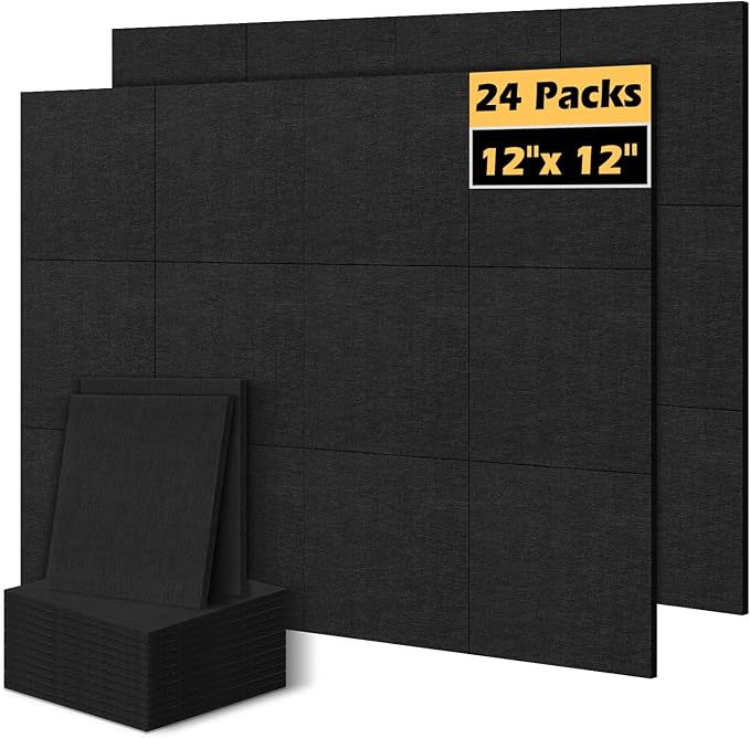 DOLLAR BOSS Felt Cork Board Tiles, 24 Packs 12" x 12" Thick Cork Bulletin Board Self Adhesive Acoustic Panels Soundproof Corkboards for Walls with Pushpins for Home Office Kitchen School, Black