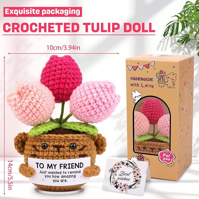 Positive Crochet Gifts for Women/Men, Tulip Flowers Emotional Support Thank You Gifts for Wife Husband, Friends Teachers with Thanks Card for Anniversary, Christmas, Birthday -to My Friend