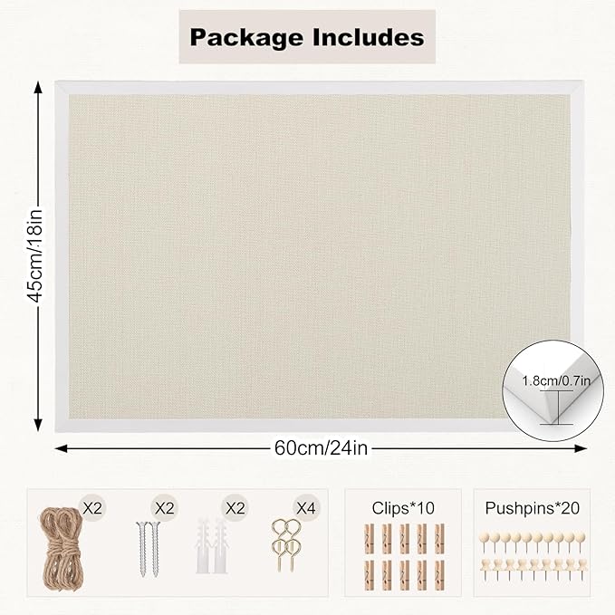 Thboxes Cork Board with Linen, 24" x 18" Double-Sided Bulletin Board Corkboard for Wall Picture Display Framed Vision Boards for Home Office School Pin Boards with 20 Pushpins &10 Clips