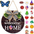 Interchangeable Seasonal Welcome Sign Front Door Decorations, Round Wood Wreath for Outdoor, Farmhouse, Porch Perfect for New Home Housewarming Gift, Valentine's, Easter, Christmas Home Decor