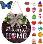 Interchangeable Seasonal Welcome Sign Front Door Decorations, Round Wood Wreath for Outdoor, Farmhouse, Porch Perfect for New Home Housewarming Gift, Valentine's, Easter, Christmas Home Decor