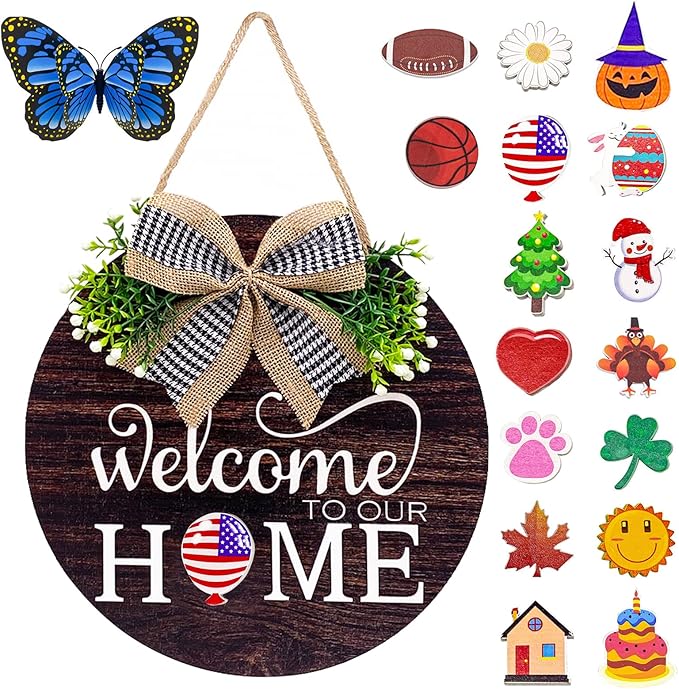 Interchangeable Seasonal Welcome Sign Front Door Decorations, Round Wood Wreath for Outdoor, Farmhouse, Porch Perfect for New Home Housewarming Gift, Valentine's, Easter, Christmas Home Decor