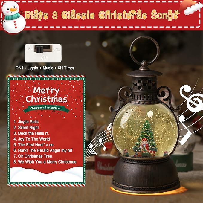 Christmas Snow Globe Lantern - Lighted Musical Water Globes with 6H Timer, Glittering Swirling Nutcracker & Train Scene, Battery/USB Powered Holiday Decoration for Indoor Christmas Decor & Gifts