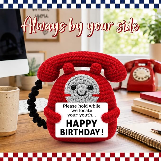 Belatelove Birthday Gifts for Men Women, Handmade Crochet Telephone Doll with Happy Birthday Crad, Funny Gift for Dad, Mom, Best Friend, Coworkers Party & Desk Decor