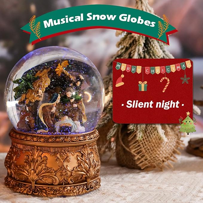 Christmas Snow Globe Musical - Nativity Snowglobe Vintage Water Snow Globes LED Light Change Music Box Home Christmas Decor for Kids Gold