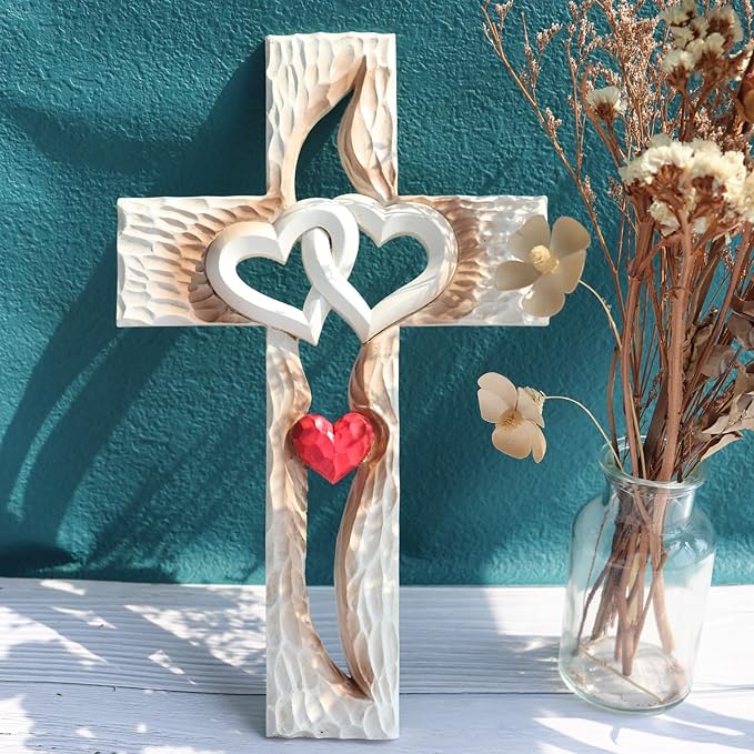 Oooct Carved Cross, Resin Cross Wall Decor, Intertwined Hearts & Never Separates Love, Great Christian Gift, Wall Art Gift, Home Living Room Decor - 13.34 × 8.18 Inch