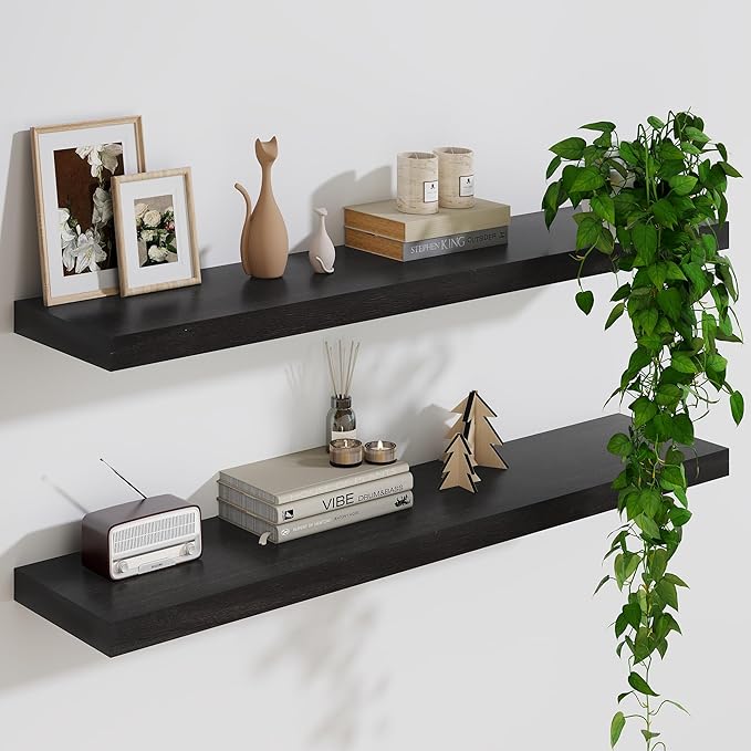 Solid Wood Floating Shelves For Wall, 36”W x 9”D x 1.56”H Large Wall Shelves for Living Room Bedroom Bathroom Kitchen Drcor Storage with Invisible Heavy-Duty Metal Bracket, Carbonized Oak, 2 Pack