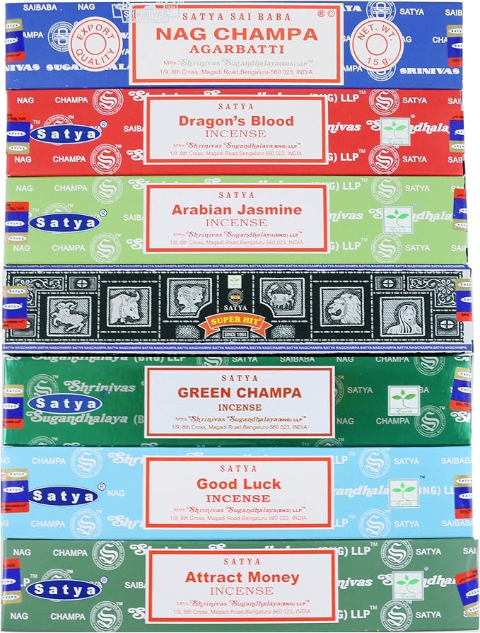Satya Incense Sticks Gift Set, 7 Scents, Nag Champa, Dragon's Blood, Arabian Jasmine, Super Hit, Green Champa, Goodluck, Attract Money, 15g Each (Relaxation Mix)