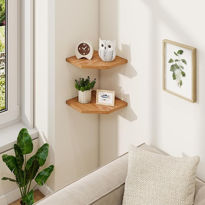 Fun Memories Corner Shelf Wall Mount Set of 2 - Solid Oak Wood Floating Corner Shelf with Cable Hole, 8.5in Rustic Design for Bedroom, Living Room, Kitchen (Natural)