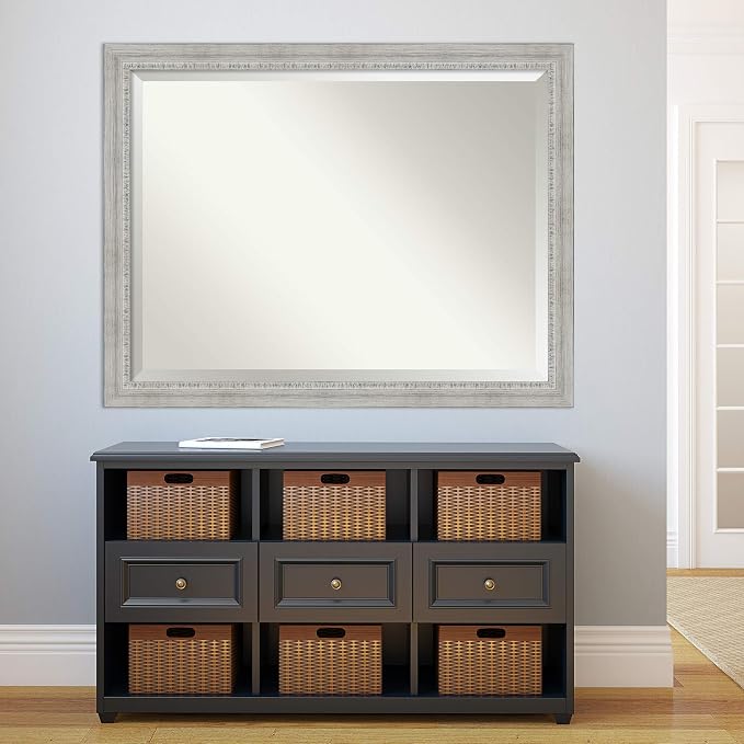 Amanti Art White Wall Mirror 34x44 Rustic White Wash Rectangle Bathroom Mirror for Wall Decor Living Room, X-Large Country Rustic Wood Frame, Hangs Horizonally and Vertically, Bathroom Decor, Beveled