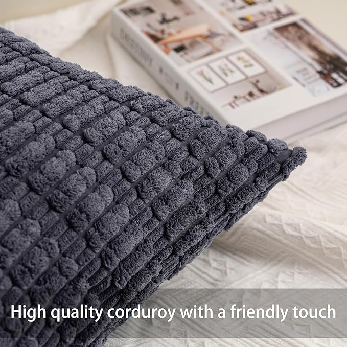 Aegero Pack of 2 Corduroy Decorative Throw Pillow Covers 18x18 InchSoft Boho Striped Pillow Covers Modern Farmhouse Home Decor for Sofa Living Room Couch Bed（Dark Grey）