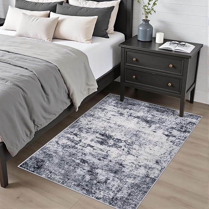 Washable Area Rug 3x5 Entryway Rug: Washable Modern Abstract Soft Thin Rug Indoor Floor No Slip Stain Resistant Carpet for Bedroom Dining Room Farmhouse Nursery Home Office - Grey