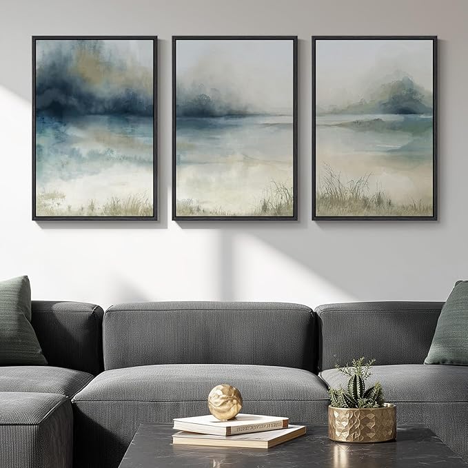 Framed Abstract Landscape Wall Art, 3 Piece Blue Watercolor Canvas Prints Paintings Artwork for Walls, Misty Lake Mountain Nature Pictures for Living Room Dining Room Bedroom Wall Decor 16x24 In