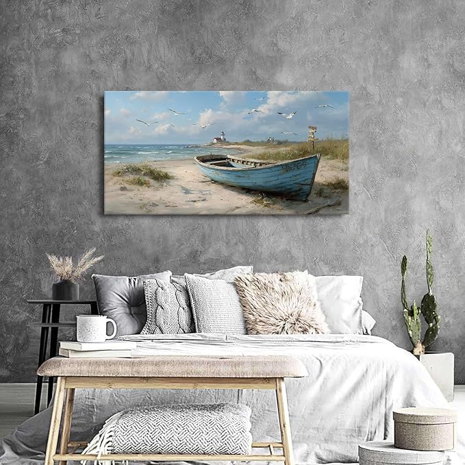 Beach Wall Art Coastal Wall Decor Nautical Ocean Canvas Picture Nature Boat Seagull Seascape Prints Artwork Bathroom Decor Rustic Seaside Scenery Painting Living Room Bedroom Home Decoration 24x48"