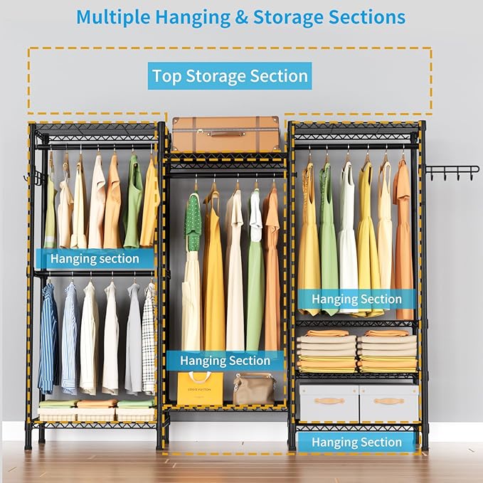 Heavy Duty Garment Rack Clothes Rack,Large Metal Closet Organizer System Storage Wardrobe,Freestanding Clothing Rack with 8 Adjustable Wire Shelves&4 Hang Rods,MaxLoad 800lbs