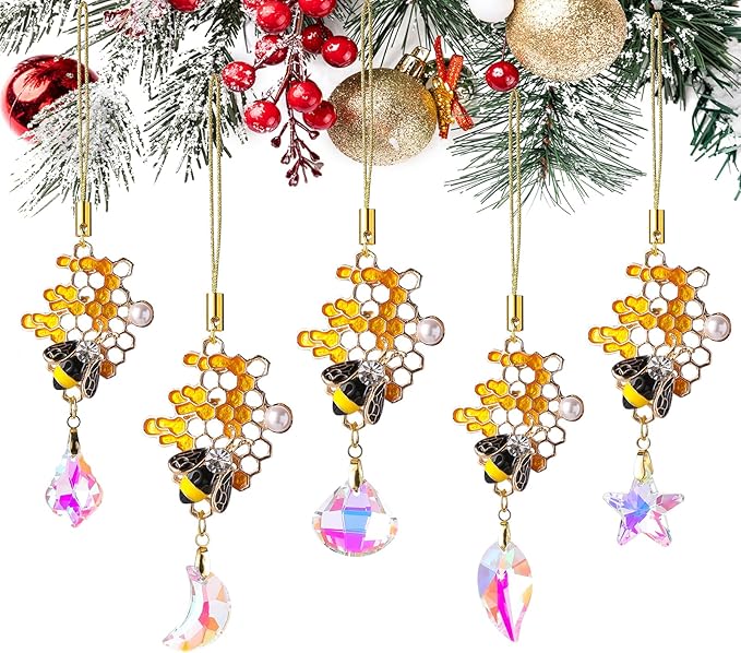 5Pcs Hanging Ornaments, Mini Crystal Prism Gold Metal Bee Xmas Tree Decorations, Crystal Suncatchers Hanging Ornament for Wedding Party Home Decor