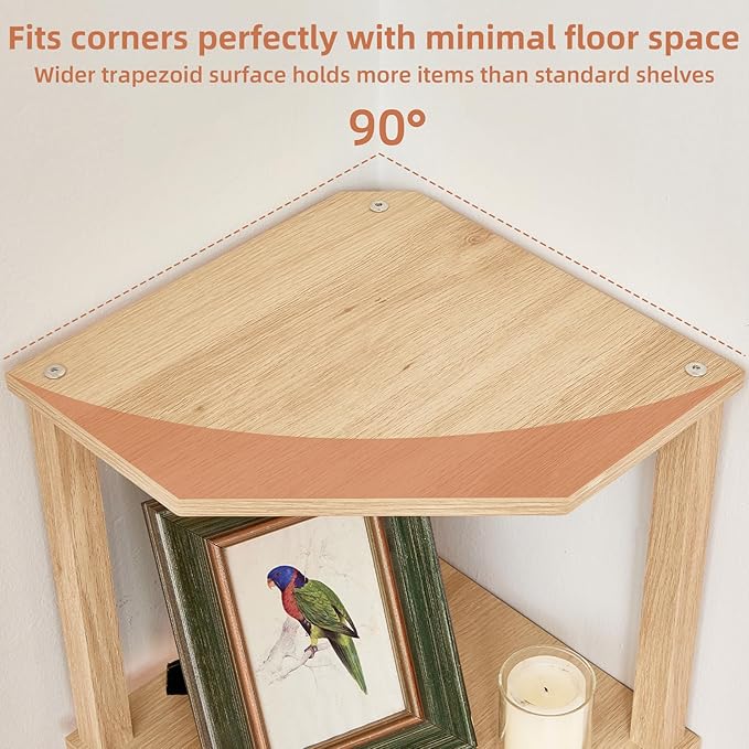 YUFAM 5-Tier Corner Shelf with Sturdy 5-Leg Base, Wooden Corner Bookshelf for Small Spaces, Corner Standing Shelf for Living Room, Bedroom, Bathroom, Natural