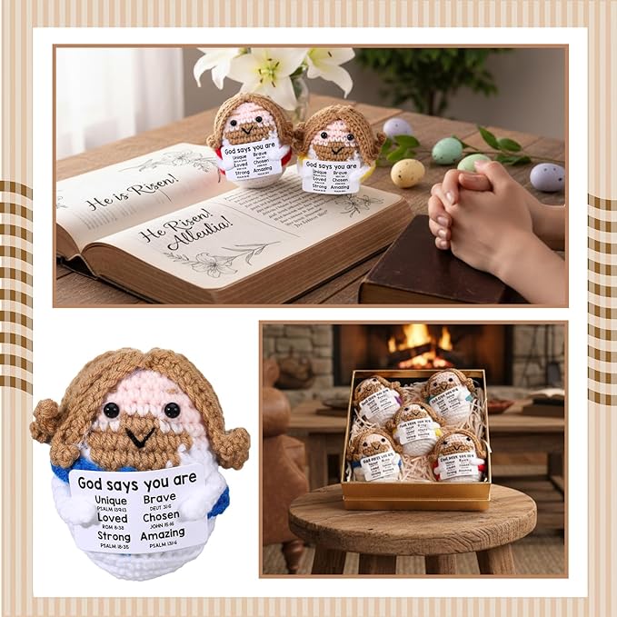 Marsui 5 Pcs 5 Pcs Crochet Dolls Christian Positive Gifts for Women Mini Jesus Figures with Positive Card Handmade Religious Crochet Plush Doll for Church Sunday School Motivational Gift (Colorful)