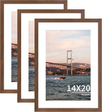 14x20 Picture Frame 3 Pack - Brown Poster Frame Display Pictures 11x17 with Mat or 14 x 20 Without Mat for Wall Hanging Horizontal and Vertical