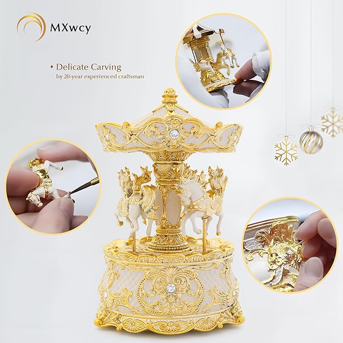 Carousel Music Box Gold & Ivory 8.7" Rotate Christmas Music Box for Kids & Adults, Classic Wind up Cylinder Music Box Valentines Day Gifts for Women Girls Mom Carousel Horse Musical Lantern Home Decor